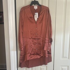 Cinq à Sept Terracotta Satin Blouse asymmetrical Size S NWT